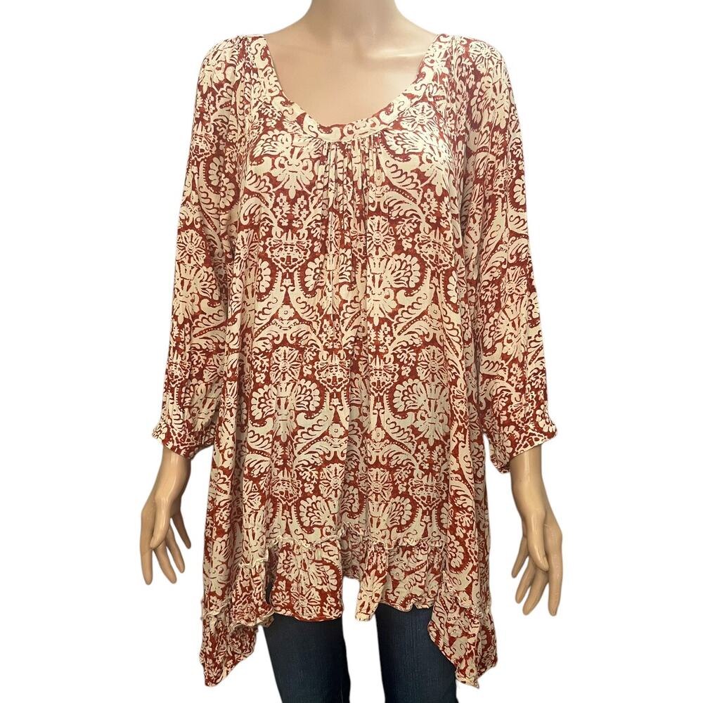 Altar’d State Tunic Top Large Boho Retro Floral Damask Print Ruffle Casual Red